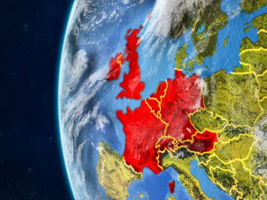 Batı Avrupa modeli bir ülke sınırları ve çok detaylı gezegenin yüzey ve bulutlar Dünya gezegeni uzaydan. 3D çizim. Nasa tarafından döşenmiş bu görüntü unsurları.