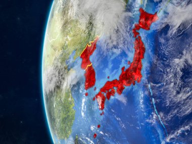 Japonya ve Kore modeli bir ülke sınırları ve çok detaylı gezegenin yüzey ve bulutlar Dünya gezegeni uzaydan. 3D çizim. Nasa tarafından döşenmiş bu görüntü unsurları.