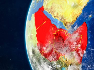 Kuzeydoğu Afrika modeli bir ülke sınırları ve çok detaylı gezegenin yüzey ve bulutlar Dünya gezegeni uzaydan. 3D çizim. Nasa tarafından döşenmiş bu görüntü unsurları.