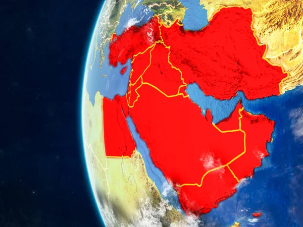 Middle East from space on model of planet Earth with country borders and very detailed planet surface and clouds. 3D illustration. Elements of this image furnished by NASA.