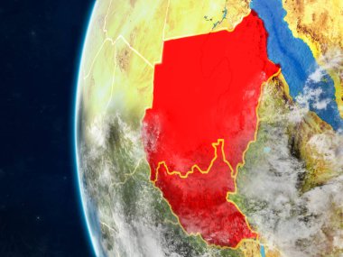 Eski Sudan modeli bir ülke sınırları ve çok detaylı gezegenin yüzey ve bulutlar Dünya gezegeni uzaydan. 3D çizim. Nasa tarafından döşenmiş bu görüntü unsurları.