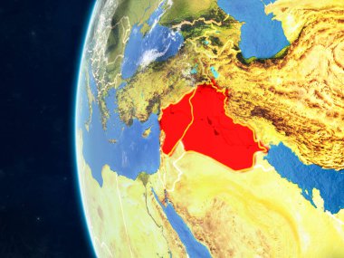 İslam devleti modeli bir ülke sınırları ve çok detaylı gezegenin yüzey ve bulutlar Dünya gezegeni uzaydan. 3D çizim. Nasa tarafından döşenmiş bu görüntü unsurları.