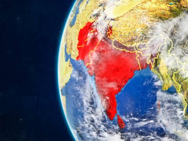 SAARC üyesi Birleşik modeli bir ülke sınırları ve çok detaylı gezegenin yüzey ve bulutlar Dünya gezegeni uzaydan. 3D çizim. Nasa tarafından döşenmiş bu görüntü unsurları.