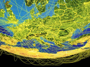 Orta Avrupa ülke sınırları ve çizgiler, iletişim, seyahat, bağlantıları kavramı ile dünyanın uzaydan. 3D çizim. Nasa tarafından döşenmiş bu görüntü unsurları.