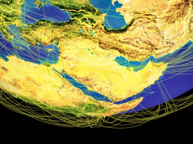 Orta Doğu ülke sınırları ve çizgiler, iletişim, seyahat, bağlantıları kavramı ile dünyanın uzaydan. 3D çizim. Nasa tarafından döşenmiş bu görüntü unsurları.