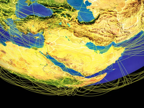Mellanöstern Från Rymden Jorden Med Landsgränser Och Linjer Begreppet Kommunikation — Stockfoto