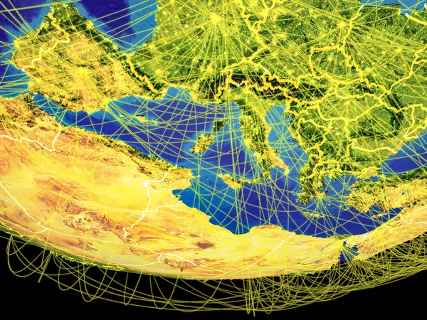 Dél Európában Világűrből Föld Országhatárok Vonalak Kommunikáció Utazás Kapcsolatok Fogalma — Stock Fotó