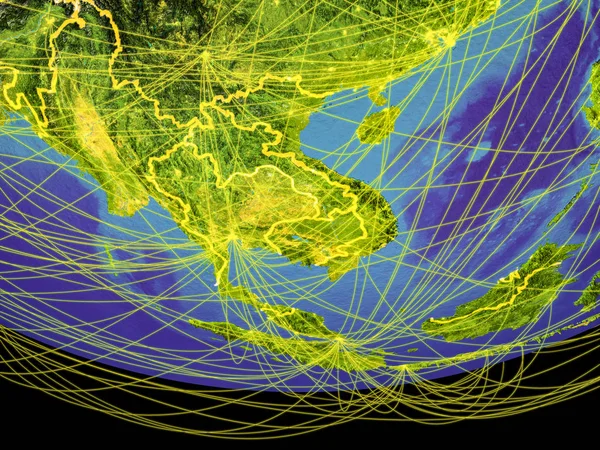 Indochina from space on Earth with country borders and lines, concept of communication, travel, connections. 3D illustration. Elements of this image furnished by NASA.