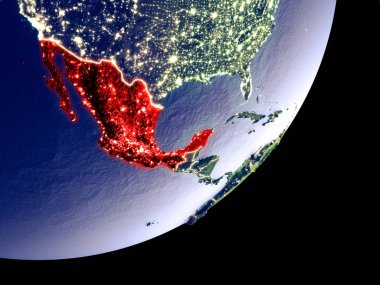 Meksika Dünya model gece uzaydan. Plastik gezegenin yüzey ve görünür parlak ışıklar çok ince ayrıntı. 3D çizim. Nasa tarafından döşenmiş bu görüntü unsurları.