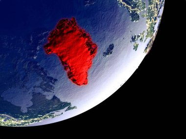 Grönland uzaydan Dünya model gece üzerinde. Plastik gezegenin yüzey ve görünür parlak ışıklar çok ince ayrıntı. 3D çizim. Nasa tarafından döşenmiş bu görüntü unsurları.