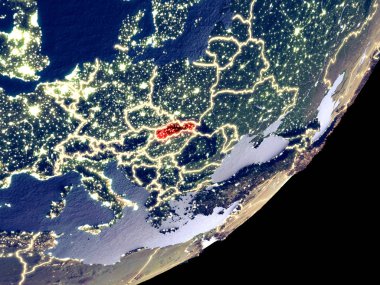 Slovakya dünya model gece uzaydan. Plastik gezegenin yüzey ve görünür parlak ışıklar çok ince ayrıntı. 3D çizim. Nasa tarafından döşenmiş bu görüntü unsurları.