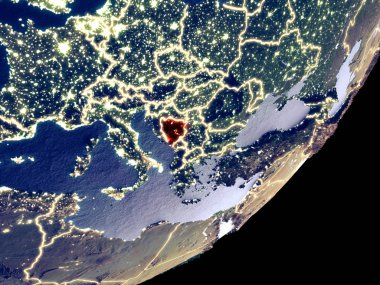 Bosna ve Hersek dünya model gece uzaydan. Plastik gezegenin yüzey ve görünür parlak ışıklar çok ince ayrıntı. 3D çizim. Nasa tarafından döşenmiş bu görüntü unsurları.