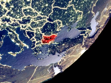 Bulgaristan dünya model gece uzaydan. Plastik gezegenin yüzey ve görünür parlak ışıklar çok ince ayrıntı. 3D çizim. Nasa tarafından döşenmiş bu görüntü unsurları.