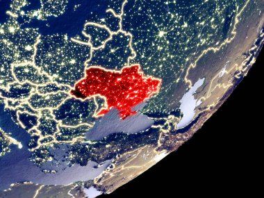 Ukrayna dünya model gece uzaydan. Plastik gezegenin yüzey ve görünür parlak ışıklar çok ince ayrıntı. 3D çizim. Nasa tarafından döşenmiş bu görüntü unsurları.