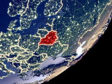 Beyaz Rusya dünya model gece uzaydan. Plastik gezegenin yüzey ve görünür parlak ışıklar çok ince ayrıntı. 3D çizim. Nasa tarafından döşenmiş bu görüntü unsurları.