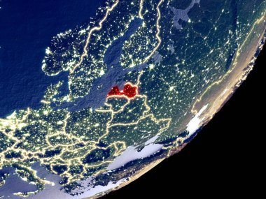 Letonya uzaydan Dünya model gece üzerinde. Plastik gezegenin yüzey ve görünür parlak ışıklar çok ince ayrıntı. 3D çizim. Nasa tarafından döşenmiş bu görüntü unsurları.