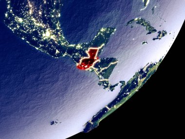 Guatemala uzaydan Dünya model gece üzerinde. Plastik gezegenin yüzey ve görünür parlak ışıklar çok ince ayrıntı. 3D çizim. Nasa tarafından döşenmiş bu görüntü unsurları.