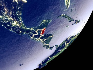 Belize uzaydan Dünya model gece üzerinde. Plastik gezegenin yüzey ve görünür parlak ışıklar çok ince ayrıntı. 3D çizim. Nasa tarafından döşenmiş bu görüntü unsurları.