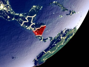 Nikaragua uzaydan Dünya model gece üzerinde. Plastik gezegenin yüzey ve görünür parlak ışıklar çok ince ayrıntı. 3D çizim. Nasa tarafından döşenmiş bu görüntü unsurları.