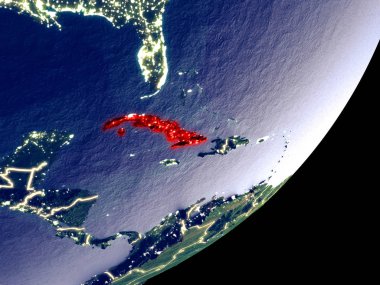 Küba'dan alan dünya model gece üzerinde. Plastik gezegenin yüzey ve görünür parlak ışıklar çok ince ayrıntı. 3D çizim. Nasa tarafından döşenmiş bu görüntü unsurları.