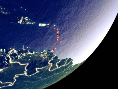 Karayipler uzaydan Dünya model gece üzerinde. Plastik gezegenin yüzey ve görünür parlak ışıklar çok ince ayrıntı. 3D çizim. Nasa tarafından döşenmiş bu görüntü unsurları.