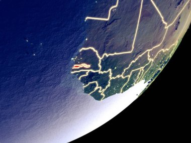 Gambiya uzaydan Dünya model gece üzerinde. Plastik gezegenin yüzey ve görünür parlak ışıklar çok ince ayrıntı. 3D çizim. Nasa tarafından döşenmiş bu görüntü unsurları.