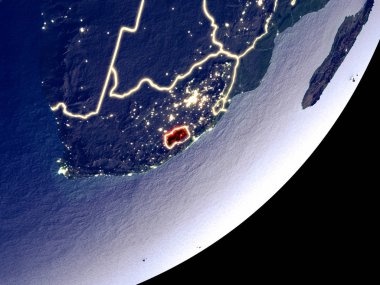 Lesotho dünya model gece uzaydan. Plastik gezegenin yüzey ve görünür parlak ışıklar çok ince ayrıntı. 3D çizim. Nasa tarafından döşenmiş bu görüntü unsurları.