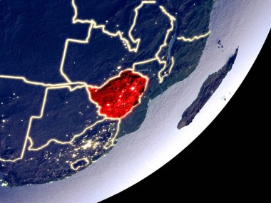 Zimbabve uzaydan Dünya model gece üzerinde. Plastik gezegenin yüzey ve görünür parlak ışıklar çok ince ayrıntı. 3D çizim. Nasa tarafından döşenmiş bu görüntü unsurları.