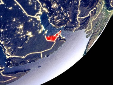 Birleşik Arap Emirlikleri uzaydan Dünya model gece üzerinde. Plastik gezegenin yüzey ve görünür parlak ışıklar çok ince ayrıntı. 3D çizim. Nasa tarafından döşenmiş bu görüntü unsurları.