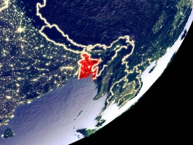 Bangladeş dünya model gece uzaydan. Plastik gezegenin yüzey ve görünür parlak ışıklar çok ince ayrıntı. 3D çizim. Nasa tarafından döşenmiş bu görüntü unsurları.