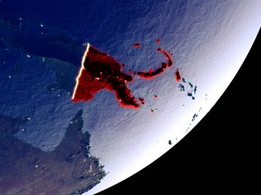 Papua Yeni Gine uzaydan Dünya model gece üzerinde. Plastik gezegenin yüzey ve görünür parlak ışıklar çok ince ayrıntı. 3D çizim. Nasa tarafından döşenmiş bu görüntü unsurları.