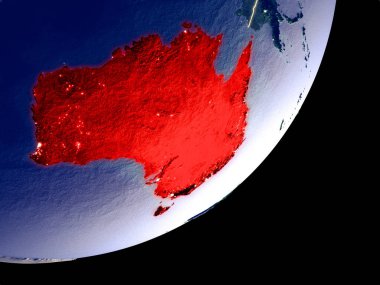 Avustralya uzaydan Dünya model gece üzerinde. Plastik gezegenin yüzey ve görünür parlak ışıklar çok ince ayrıntı. 3D çizim. Nasa tarafından döşenmiş bu görüntü unsurları.