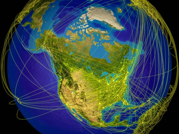Kuzey Amerika Uluslararası Iletişim Seyahat Bağlantıları Temsil Eden Satırları Ile — Stok fotoğraf