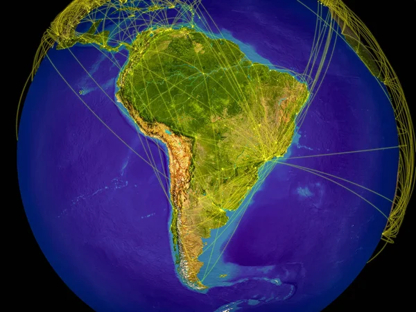Jižní Amerika Vesmíru Zemi Řádky Představující Mezinárodní Komunikace Cestování Připojení — Stock fotografie