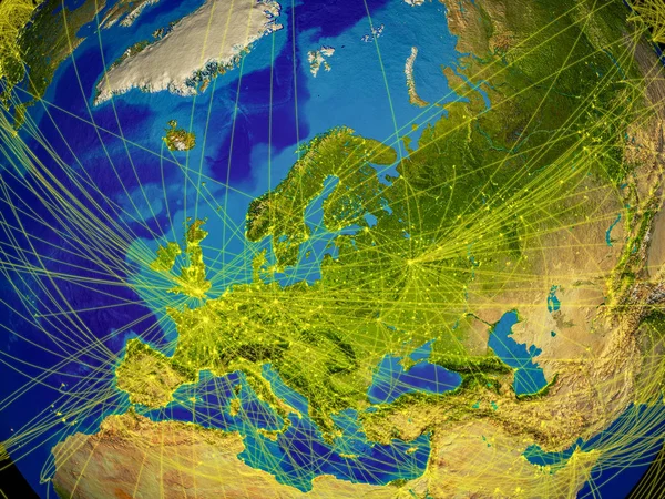 Europe from space on Earth with lines representing international communication, travel, connections. 3D illustration. Elements of this image furnished by NASA.