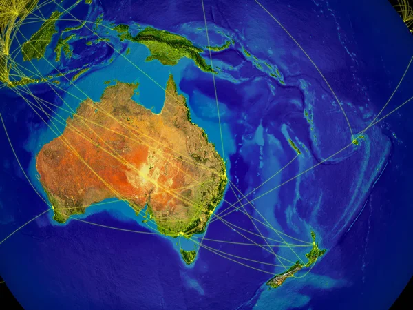 Australia from space on Earth with lines representing international communication, travel, connections. 3D illustration. Elements of this image furnished by NASA.