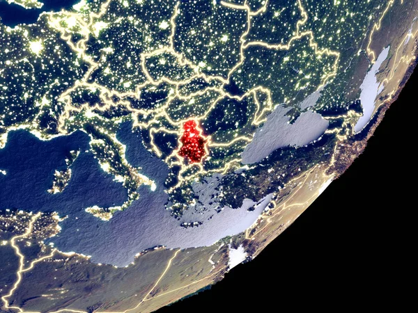 Сербия Космоса Макете Земли Ночью Тонкая Деталь Пластиковой Поверхности Планеты — стоковое фото