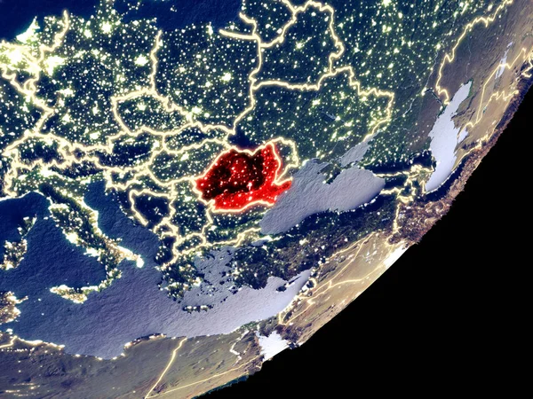 Romanya dünya model gece uzaydan. Plastik gezegenin yüzey ve görünür parlak ışıklar çok ince ayrıntı. 3D çizim. Nasa tarafından döşenmiş bu görüntü unsurları.