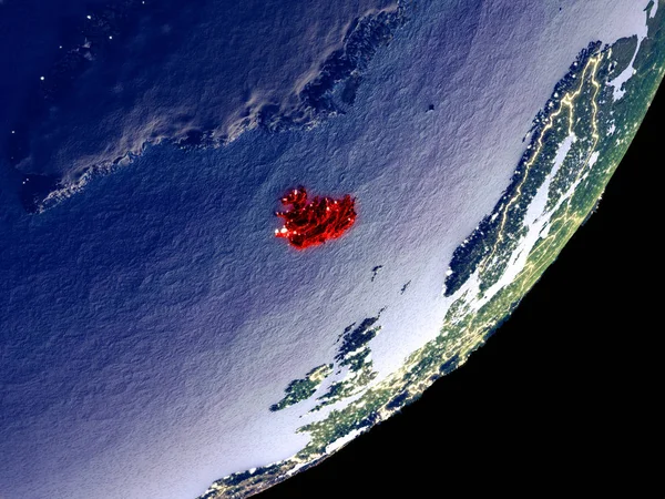 冰岛从太空在地球模型在晚上 非常精细的细节的塑料行星表面和可见的明亮的城市灯光 美国宇航局提供的这张图片的元素 — 图库照片