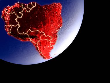 Uzaydan Dünya model gece üzerinde Güney Amerika. Plastik gezegenin yüzey ve görünür parlak ışıklar çok ince ayrıntı. 3D çizim. Nasa tarafından döşenmiş bu görüntü unsurları.
