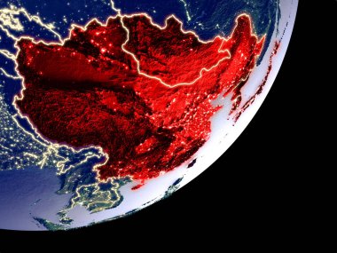 Doğu Asya dünya model gece uzaydan. Plastik gezegenin yüzey ve görünür parlak ışıklar çok ince ayrıntı. 3D çizim. Nasa tarafından döşenmiş bu görüntü unsurları.