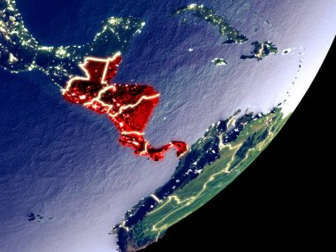 Orta Amerika Dünya model gece uzaydan. Plastik gezegenin yüzey ve görünür parlak ışıklar çok ince ayrıntı. 3D çizim. Nasa tarafından döşenmiş bu görüntü unsurları.