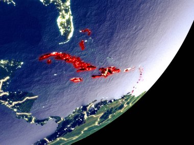 Karayipler uzaydan Dünya model gece üzerinde. Plastik gezegenin yüzey ve görünür parlak ışıklar çok ince ayrıntı. 3D çizim. Nasa tarafından döşenmiş bu görüntü unsurları.