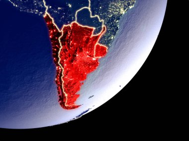 Southern Cone uzaydan Dünya model gece üzerinde. Plastik gezegenin yüzey ve görünür parlak ışıklar çok ince ayrıntı. 3D çizim. Nasa tarafından döşenmiş bu görüntü unsurları.
