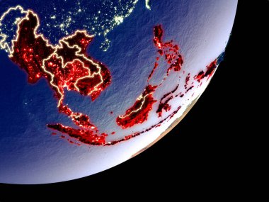 Güney Doğu Asya dünya model gece uzaydan. Plastik gezegenin yüzey ve görünür parlak ışıklar çok ince ayrıntı. 3D çizim. Nasa tarafından döşenmiş bu görüntü unsurları.