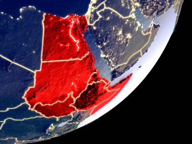 Kuzeydoğu Afrika Dünya model gece uzaydan. Plastik gezegenin yüzey ve görünür parlak ışıklar çok ince ayrıntı. 3D çizim. Nasa tarafından döşenmiş bu görüntü unsurları.