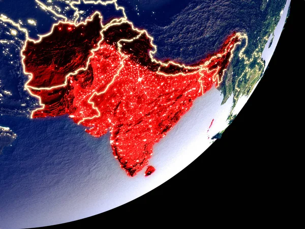 South Asia from space on model of Earth at night. Very fine detail of the plastic planet surface and visible bright city lights. 3D illustration. Elements of this image furnished by NASA.