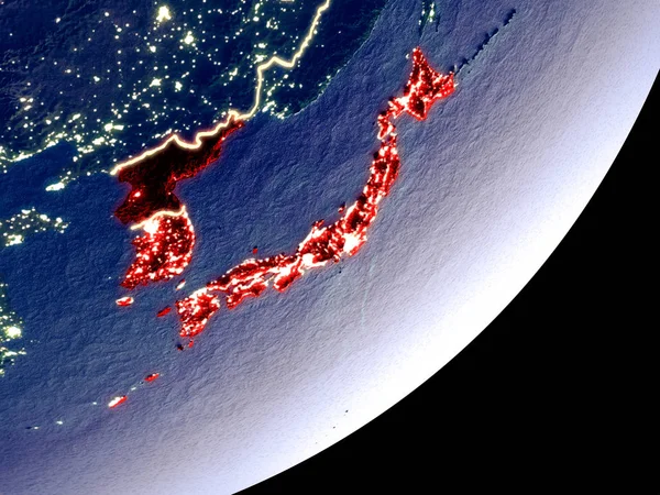 Japan and Korea from space on model of Earth at night. Very fine detail of the plastic planet surface and visible bright city lights. 3D illustration. Elements of this image furnished by NASA.