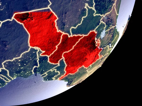 Central Africa from space on model of Earth at night. Very fine detail of the plastic planet surface and visible bright city lights. 3D illustration. Elements of this image furnished by NASA.