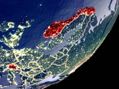 EFTA Ülkeleri dünya model gece uzaydan. Plastik gezegenin yüzey ve görünür parlak ışıklar çok ince ayrıntı. 3D çizim. Nasa tarafından döşenmiş bu görüntü unsurları.